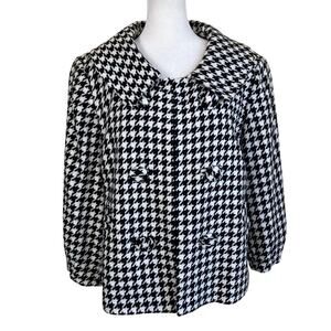 ND Sz XL Black/White Houndstooth Retro Swing Coat Chunky Buttons Puff Sleeve